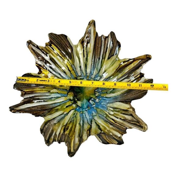 Hand Blown Glass Flower Bowl Glitter Blue Yellow Art Piece 12" Reverse Painted - Picture 4 of 7